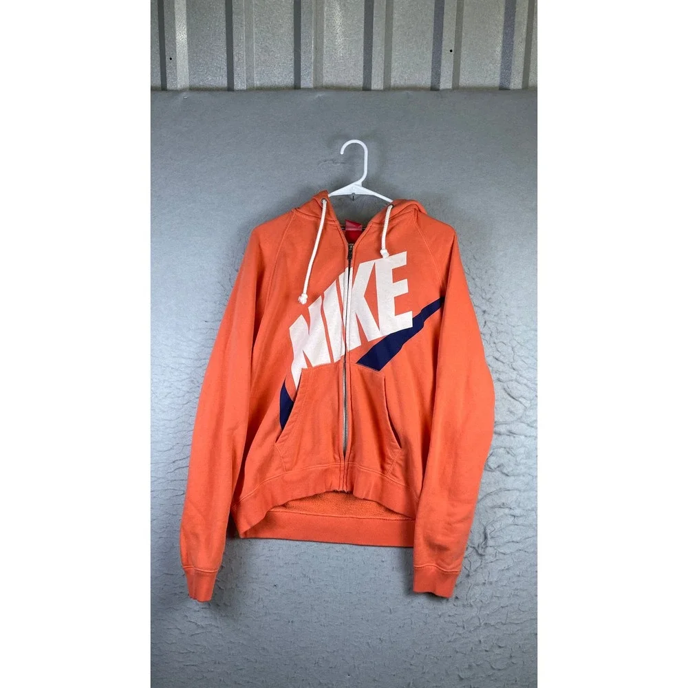 Nike Full Zip Hoodie Mens XL Orange Excellent Oversized Graphic Logo Sweatshirt